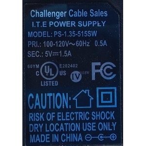 ADAPTADOR CHALLENGER / PS-1.35-515SW / 100-120V / SALIDA VCD  5V - 1.5A  / 60Hz / MODELO PS-1.35-515SW	